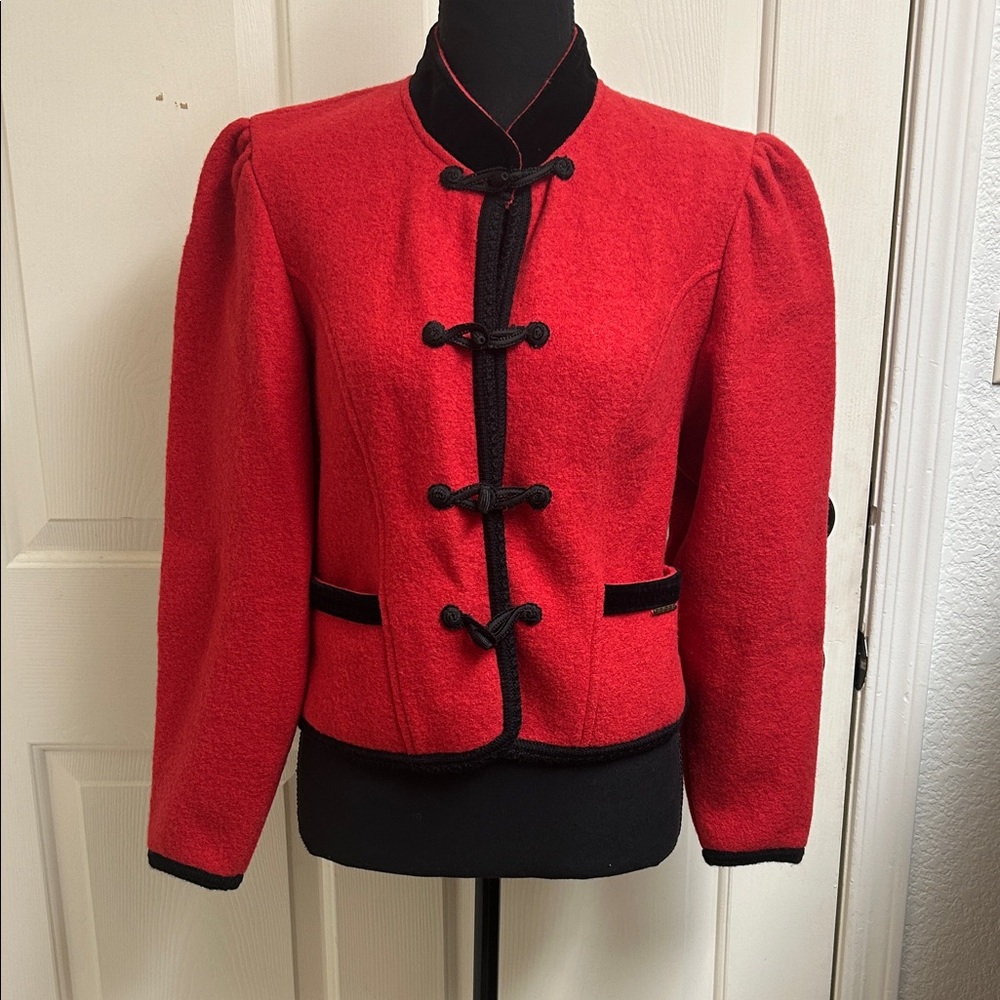 Geiger Boiled Wool Puff Sleeve Jacket with Toggle Closure, Red/black, Size 38